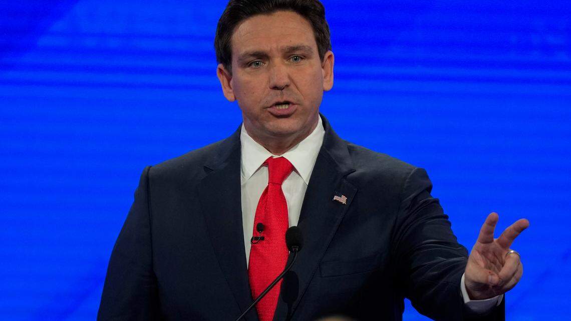 Republican presidential candidate Florida Gov. Ron DeSantis during a Republican presidential primary debate. He said he’d get inspiration from Calvin Coolidge if elected president. (AP Photo/Gerald Herbert)