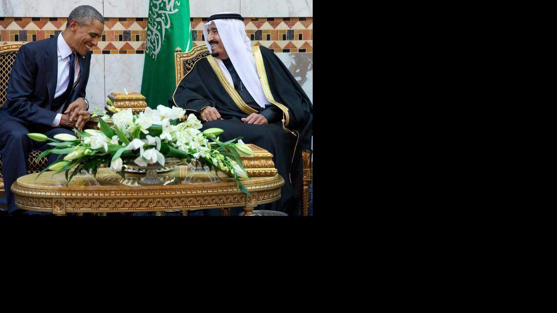
President Barack Obama meets new Saudi Arabian King Salman bin Abdul Aziz in Riyadh, Saudi Arabia, Tuesday, Jan. 27, 2015. 
