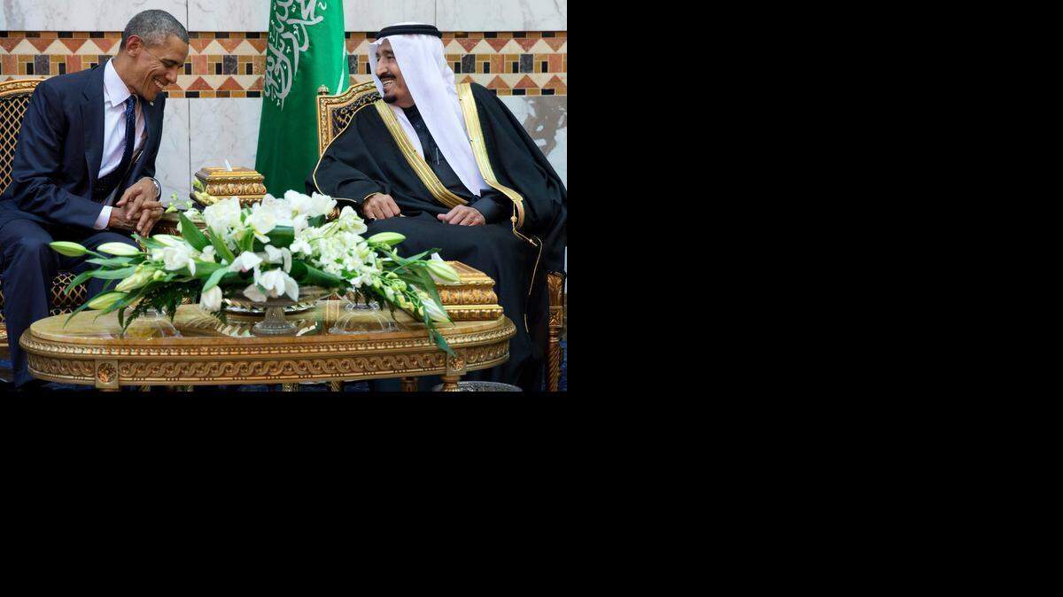 
President Barack Obama meets new Saudi Arabian King Salman bin Abdul Aziz in Riyadh, Saudi Arabia, Tuesday, Jan. 27, 2015. 

