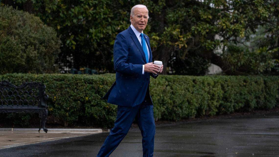 President Joe Biden walks out of the White House in Washington, Wednesday, Feb. 28, to board Marine One for a short trip to Walter Reed National Military Medical Center in Bethesda, Md., for his annual physical. (AP Photo/Andrew Harnik)