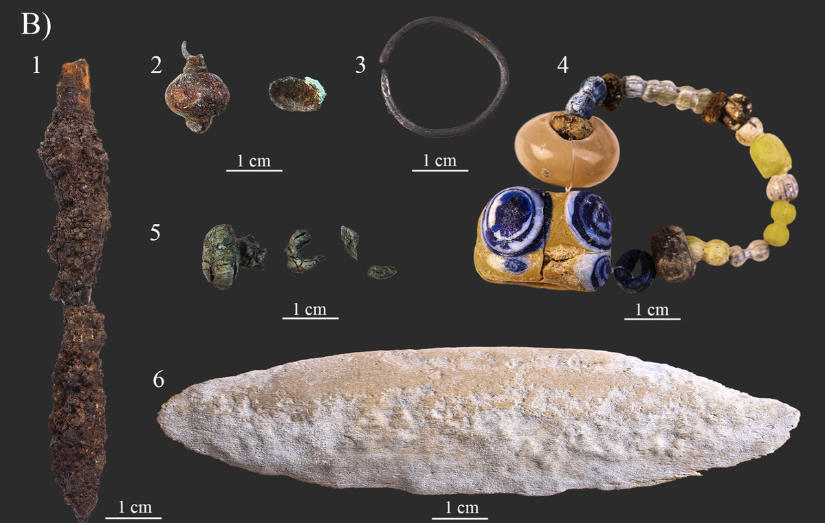A number of artifacts were found in the grave, including an arrowhead (1), a bell button (2), a silver hair ring (3), a multi-colored string of beads (4), pieces of bell buttons (5) and an antler bow plate (6).