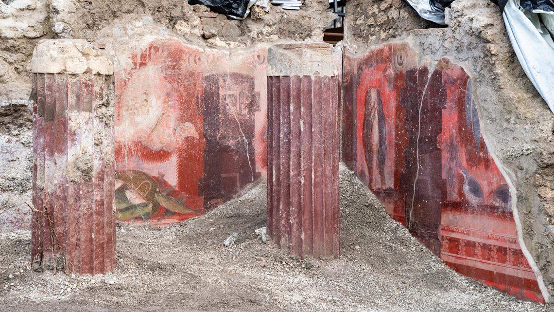 Ancient frescoes depicting a variety of vividly colored animals were discovered in Pompeii, park officials said.