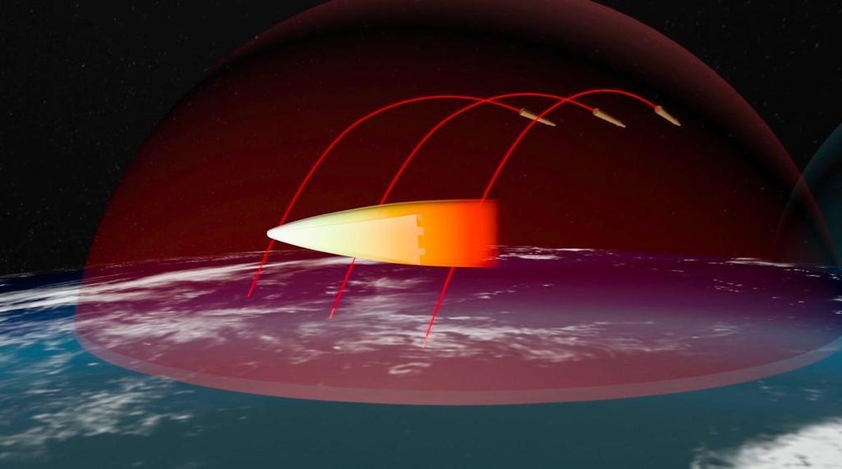 In this video grab provided by RU-RTR Russian television via AP television on Thursday, March 1, 2018, a computer simulation shows the Avangard hypersonic vehicle maneuvering to bypass missile defenses en route to target. President Vladimir Putin declared that Russia has developed a range of new nuclear weapons, claiming they can’t be intercepted by enemies.