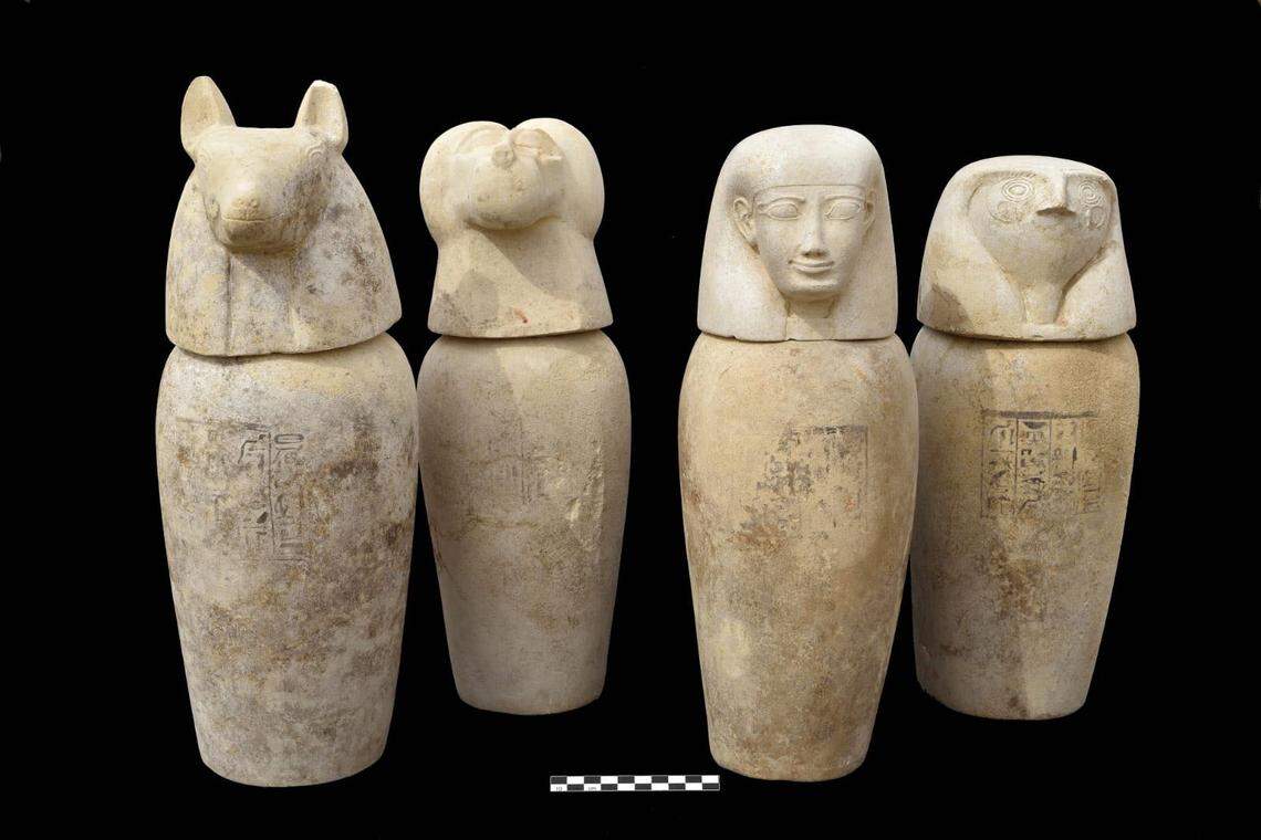 Several canopic jars, used for holding the organs of the deceased, found in a 2,500-year-old tomb.