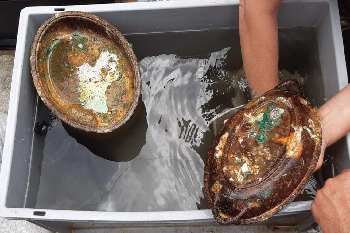 Two silver trays used in first class on the HMHS Britannic and recovered by divers.