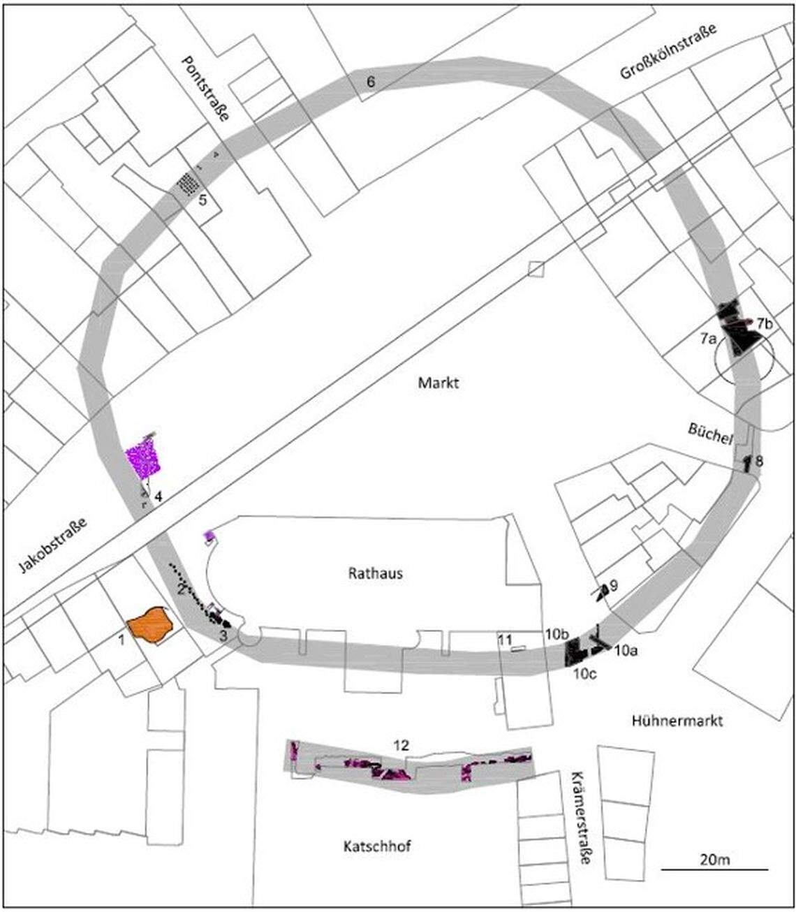 A diagram showing the location of the ancient Roman fort (gray shaded ring) in relation to the modern city of Aachen.