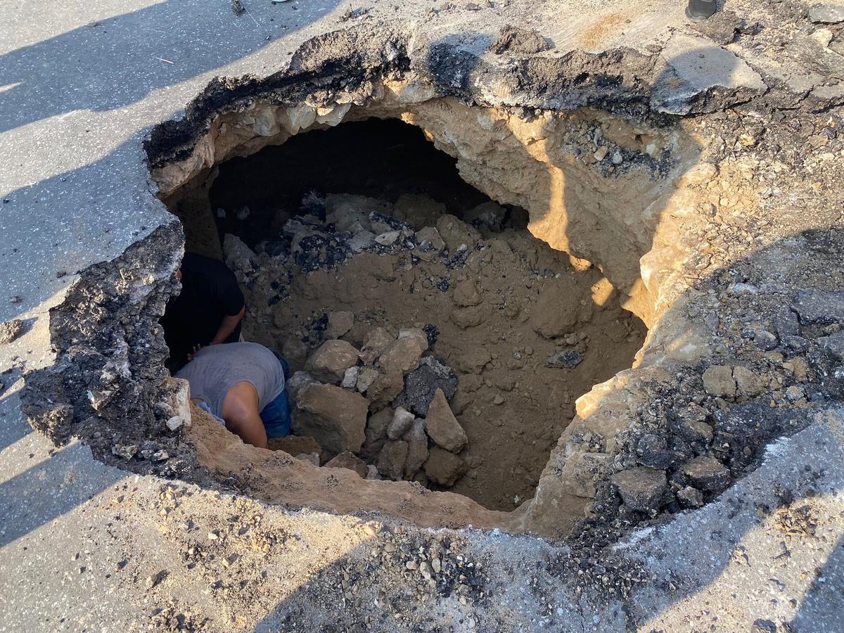 The collapsed section of road as seen early on during excavations.