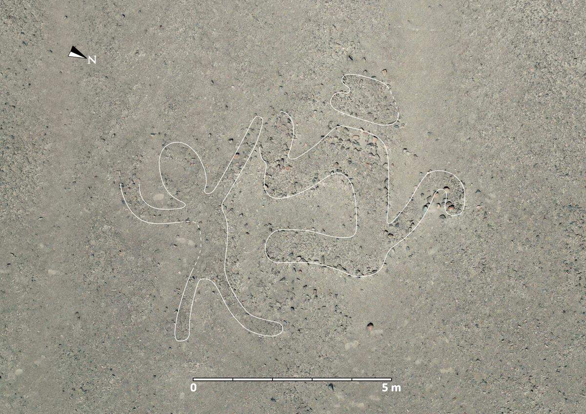 A 2,000-year-old Nazca geoglyph showing a human and an animal. The figure was outlined in white by researchers.