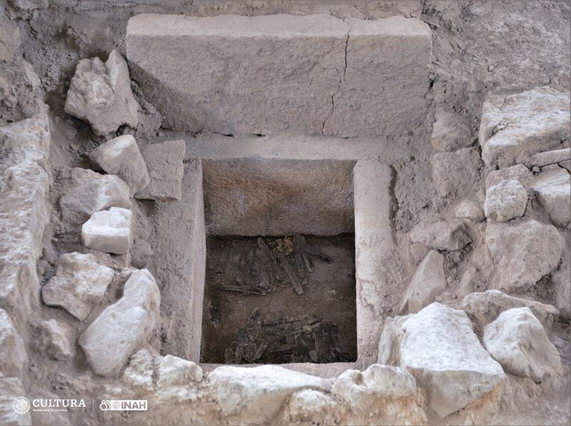 The 600-year-old stone box as seen during excavations.
