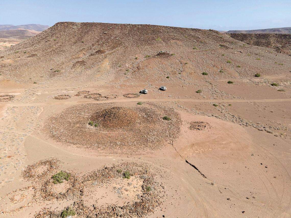 An aerial view of the central cairns, or monumental stone burials, at Daas Biyo.