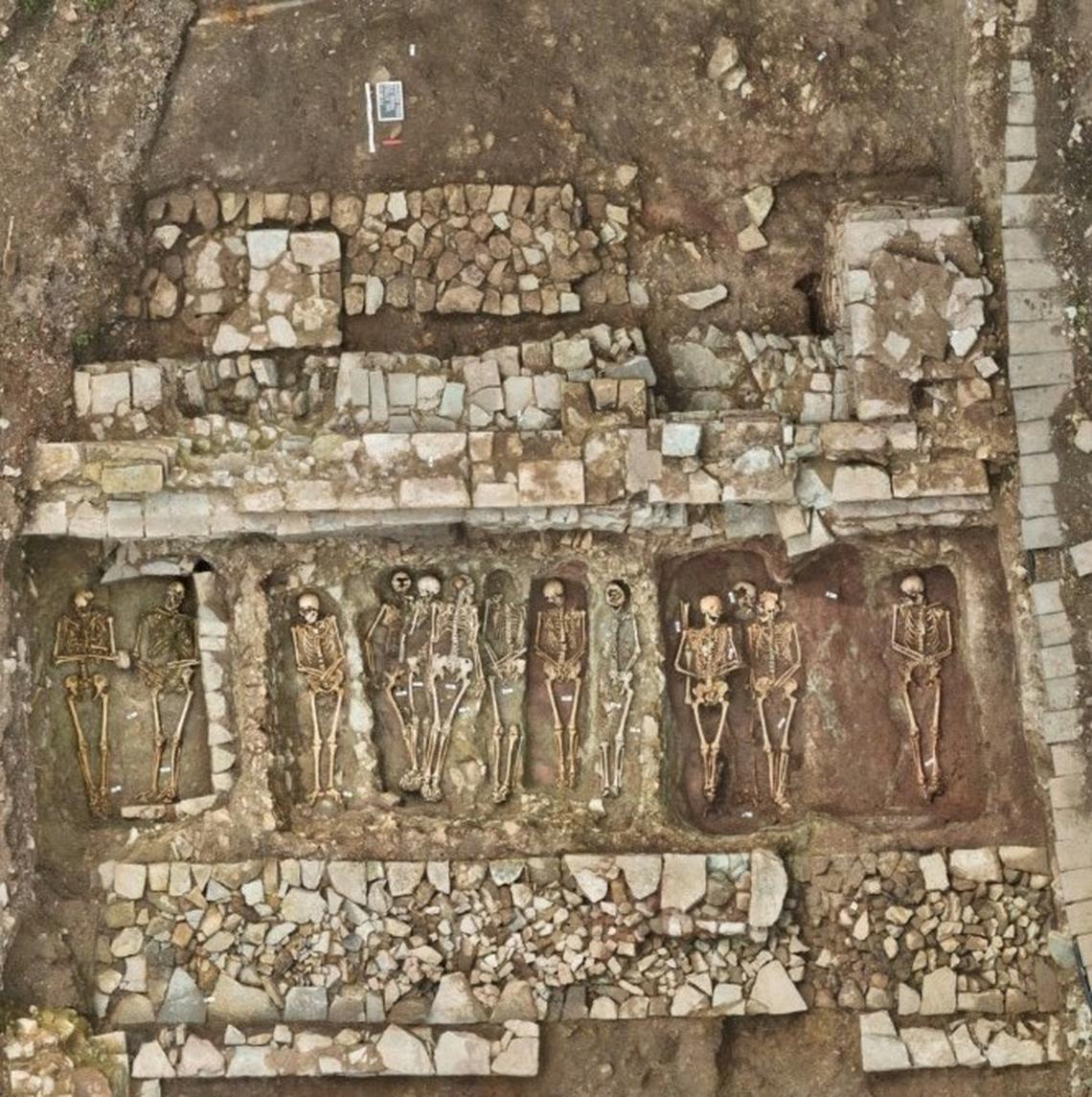 An aerial view of the medieval graves found under the ruined monastery.