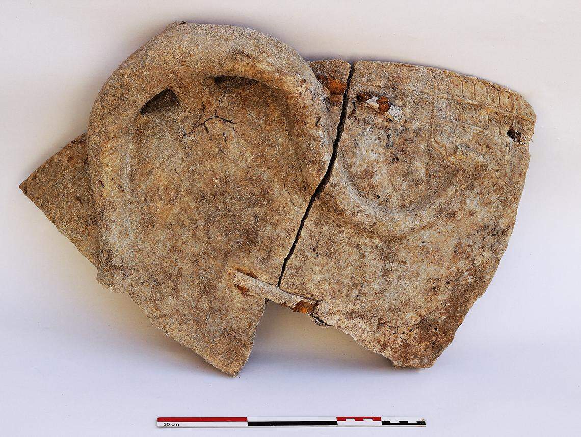 Repaired fragments of the ritual wash basin found at the 2,600-year-old temple.