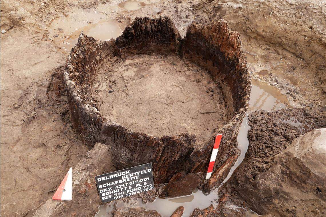 A section of the ancient wooden pipe as seen from above.
