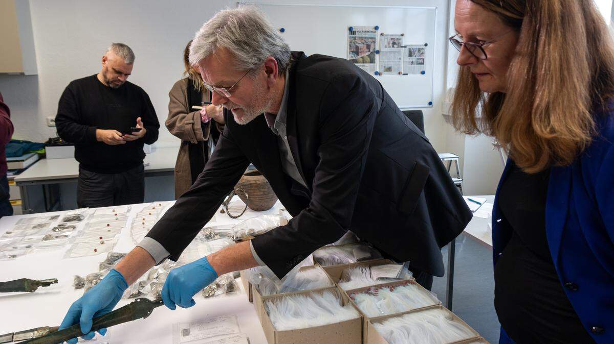 Archaeologists in Mirow found several metal fragments and reassembled seven ancient weapons, officials said and photos show.