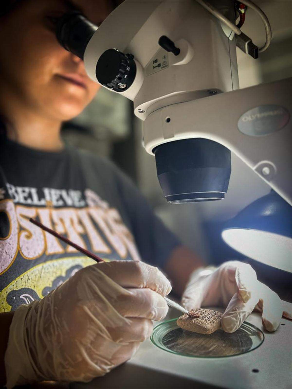 A researcher studies the ancient tablet.