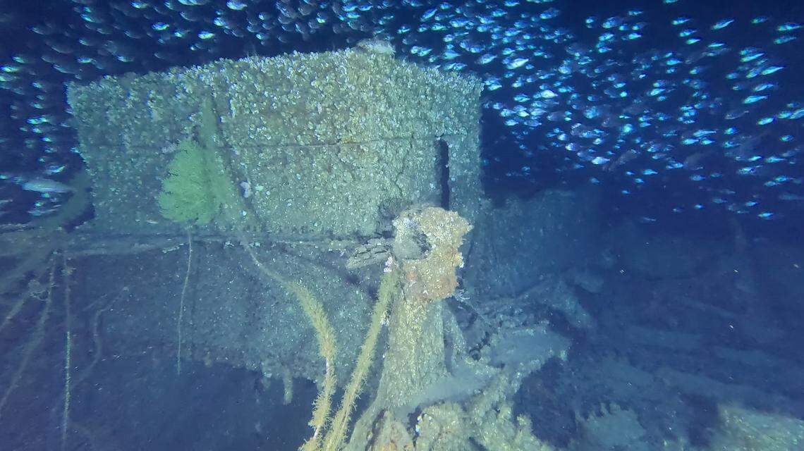 A rusty, encrusted section of the SS Nemesis surrounded by a school of fish.
