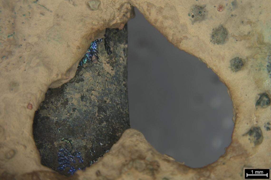 A close-up photo shows the beetle wing decor on the 1,400-year-old crown.