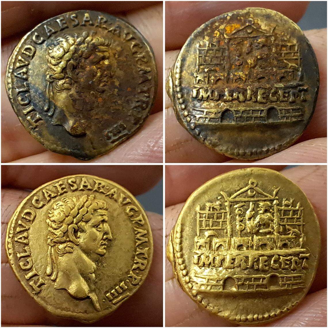 An ancient Roman gold coin found in Bunnik before and after being cleaned.