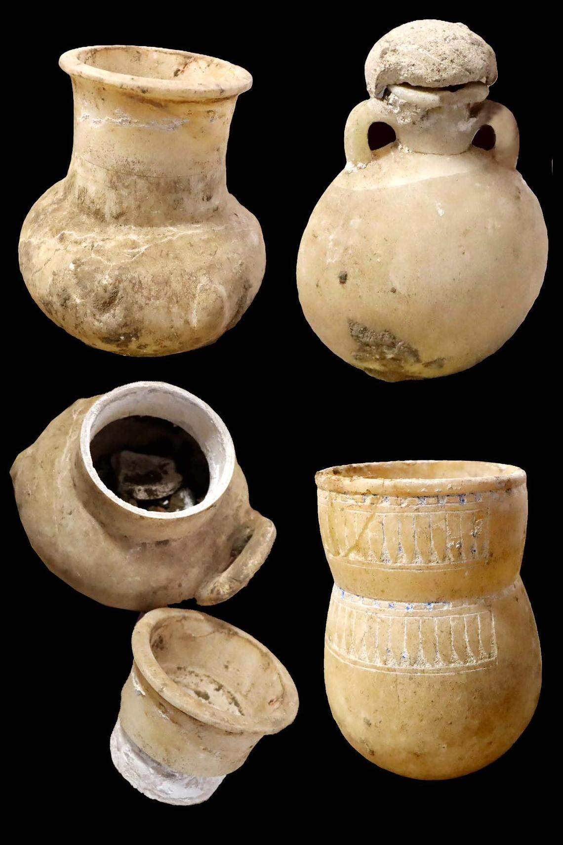 Some alabaster jars found in the 3,100-year-old tomb in Ismailia Governorate.