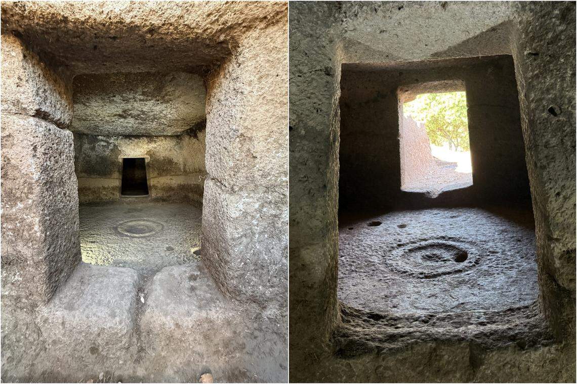 Tomb XVIII as seen from the outside looking in (left) and from the inside looking out (right).
