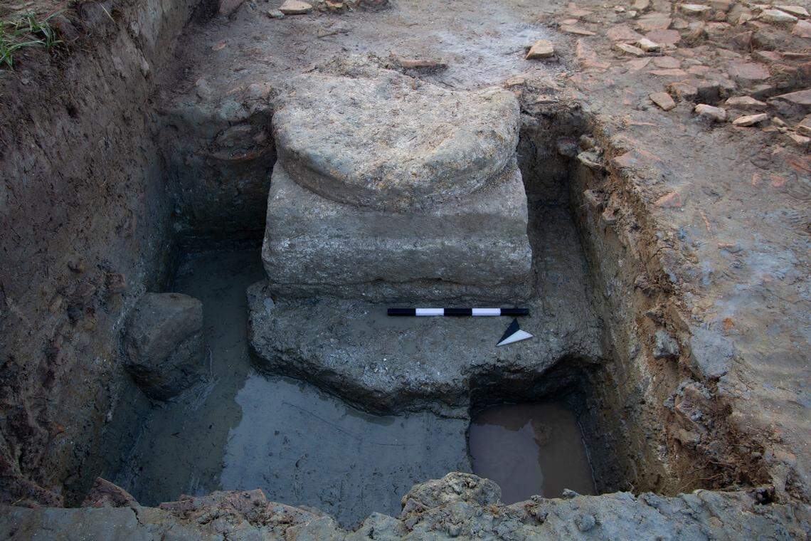 The base of a column found in the temple ruins at Samikon.