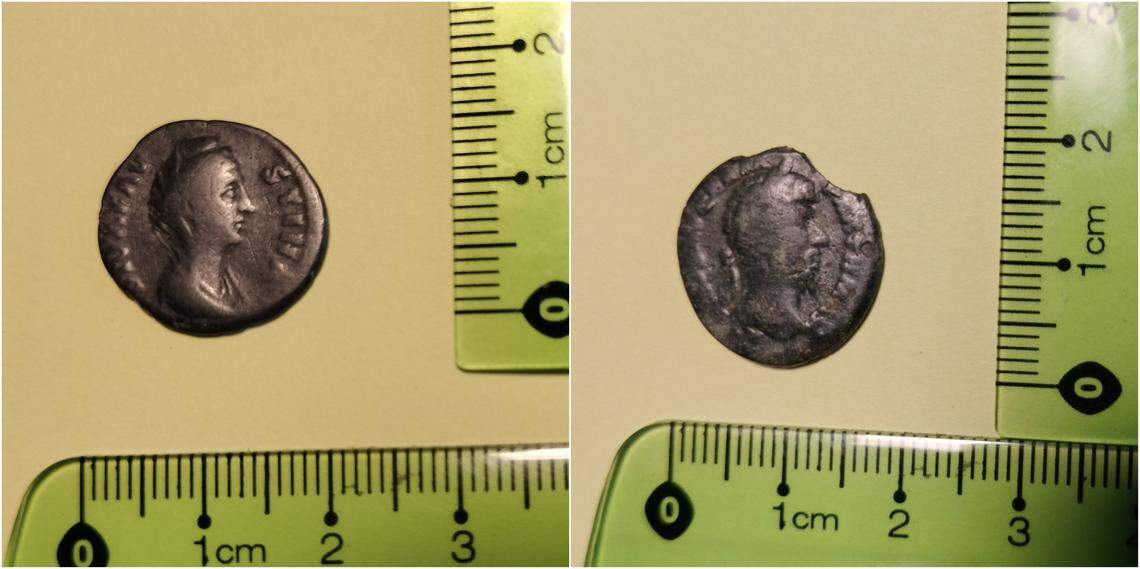 Two ancient Roman coins found by metal detectorists.