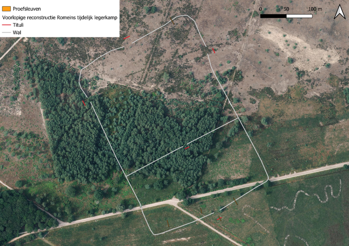 An aerial reconstruction shows the walls (white lines) and entrances (red lines) of the ancient Roman military camp.