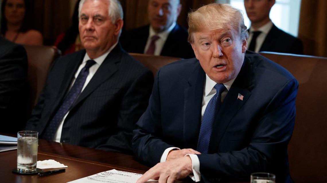 Secretary of State Rex Tillerson listens as President Donald Trump speaks during a cabinet meeting at the White House, Wednesday, Nov. 1, 2017, in Washington. Tillerson’s State Department has recommended ending special immigration reprieves for Haitians and other immigrants from troubled countries.