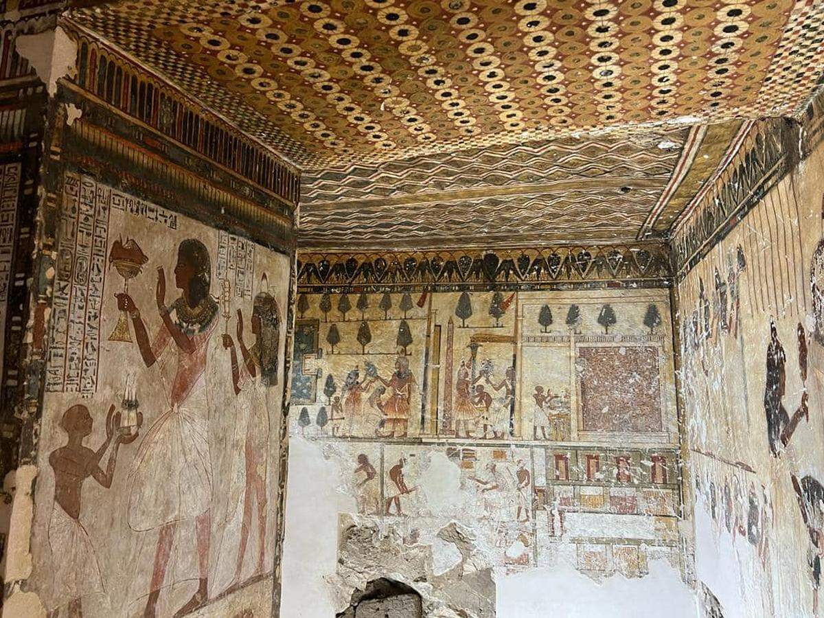 Some of the restored paintings inside the tomb of Neferhotep.