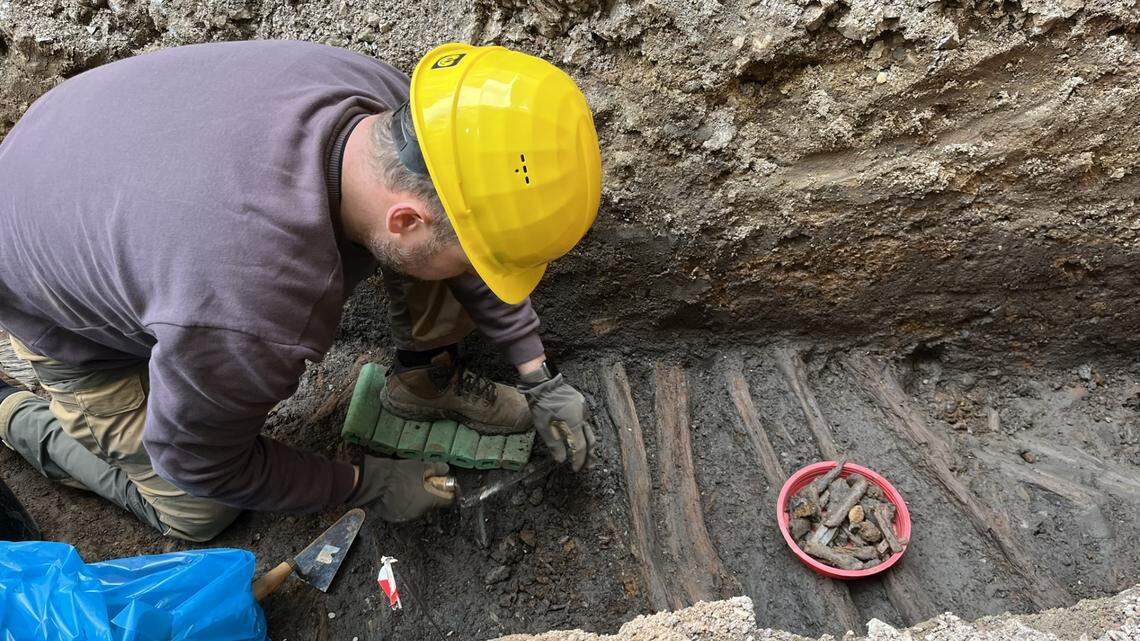 Archaeologists excavated a street near a historic landmark in Pardubice and found a medieval wooden street, photos show.