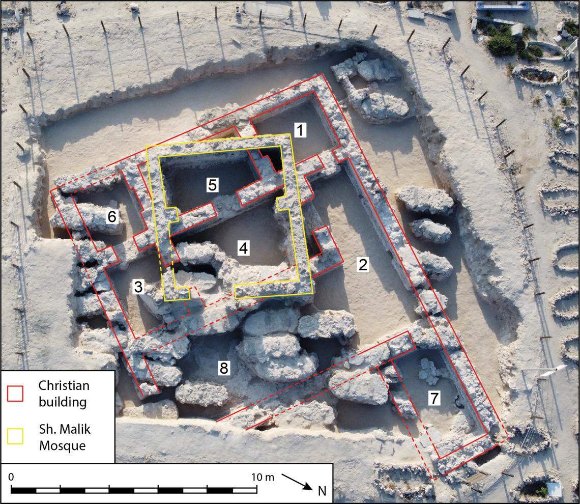 An aerial view of the ruins in Samahij where a mosque (yellow) was built atop a 1,200-year-old Christian building (red).