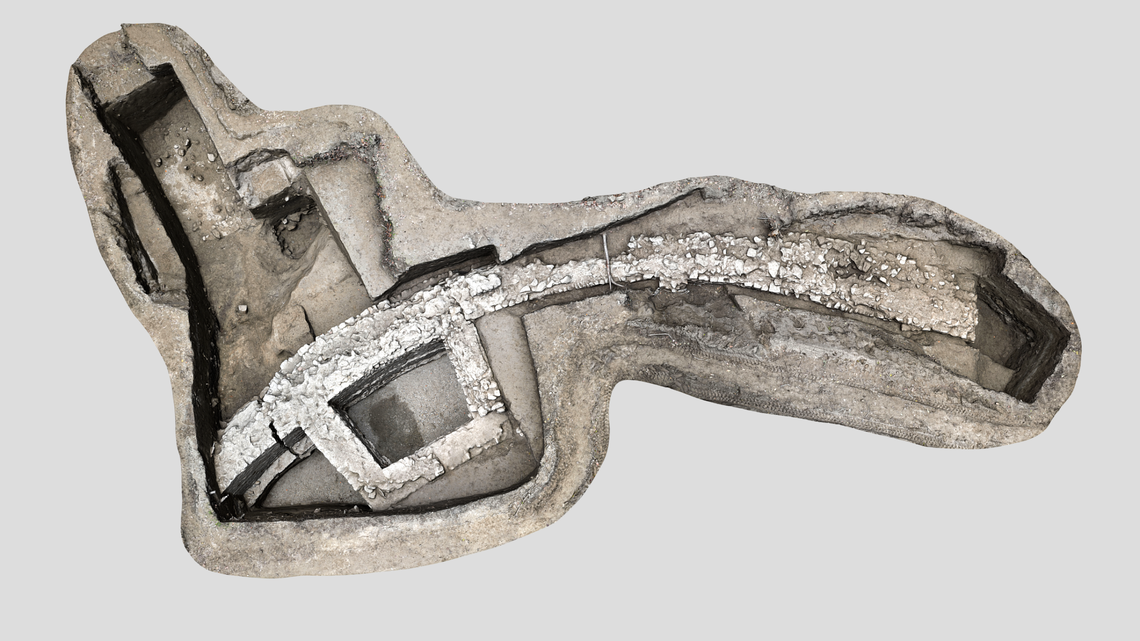 An aerial scan shows what the ancient Roman bridgehead ruins look like from above.