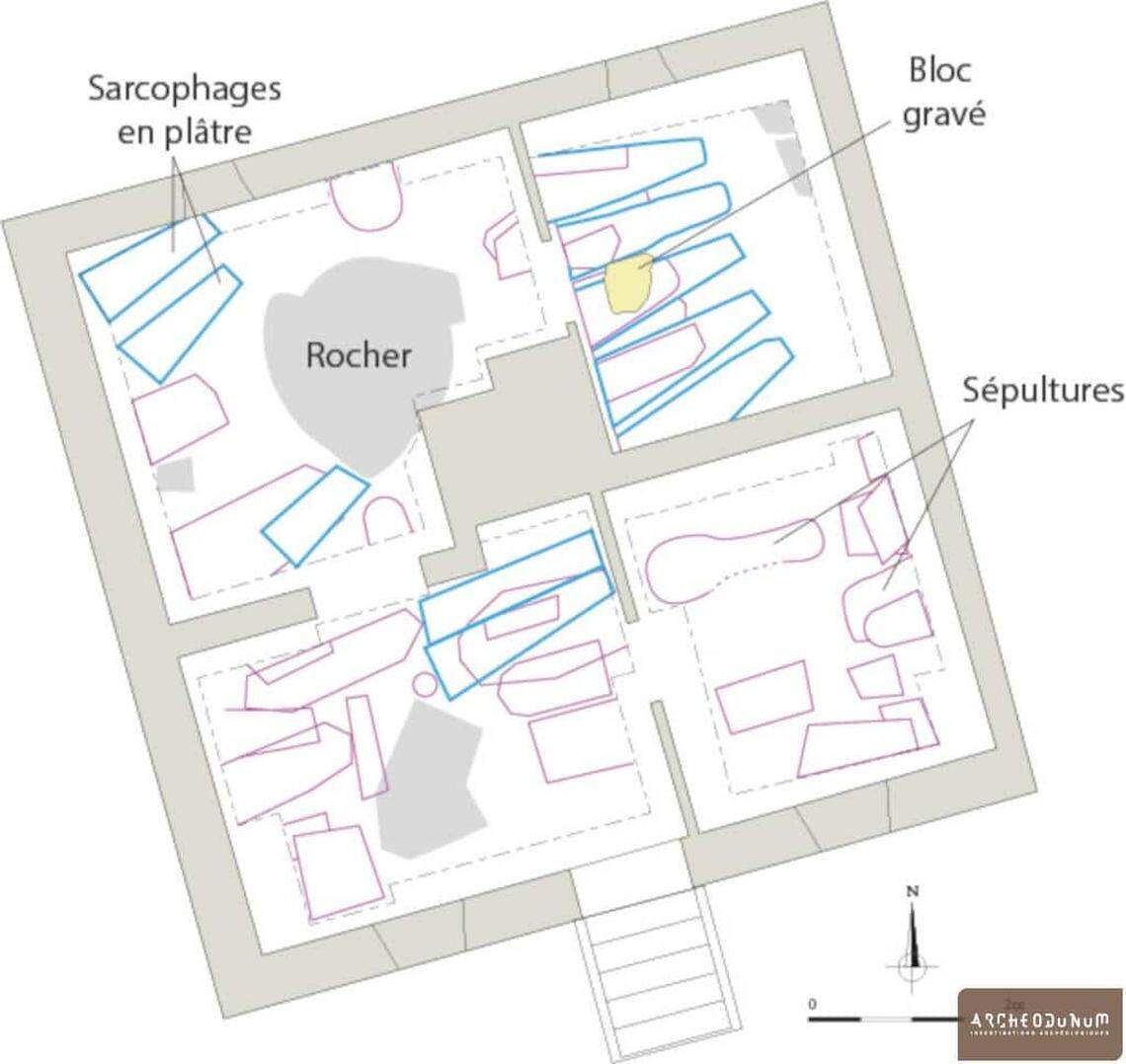 A map showing where the ancient graves were found in the basement.