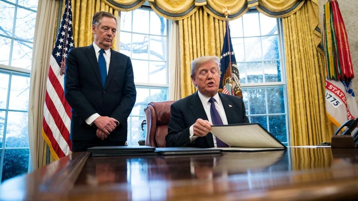 Robert Lighthizer, U.S. trade representative, looks on as President Donald Trumps signs executive orders at the White House on Jan. 23, 2018. A former steel industry lawyer who witnessed that sector’s decline, Lighthizer has spent decades preparing for the global trade war that Trump has threatened to launch. The policies are designed to help U.S. steel makers, like a proposed mini steel mill in Homestead.