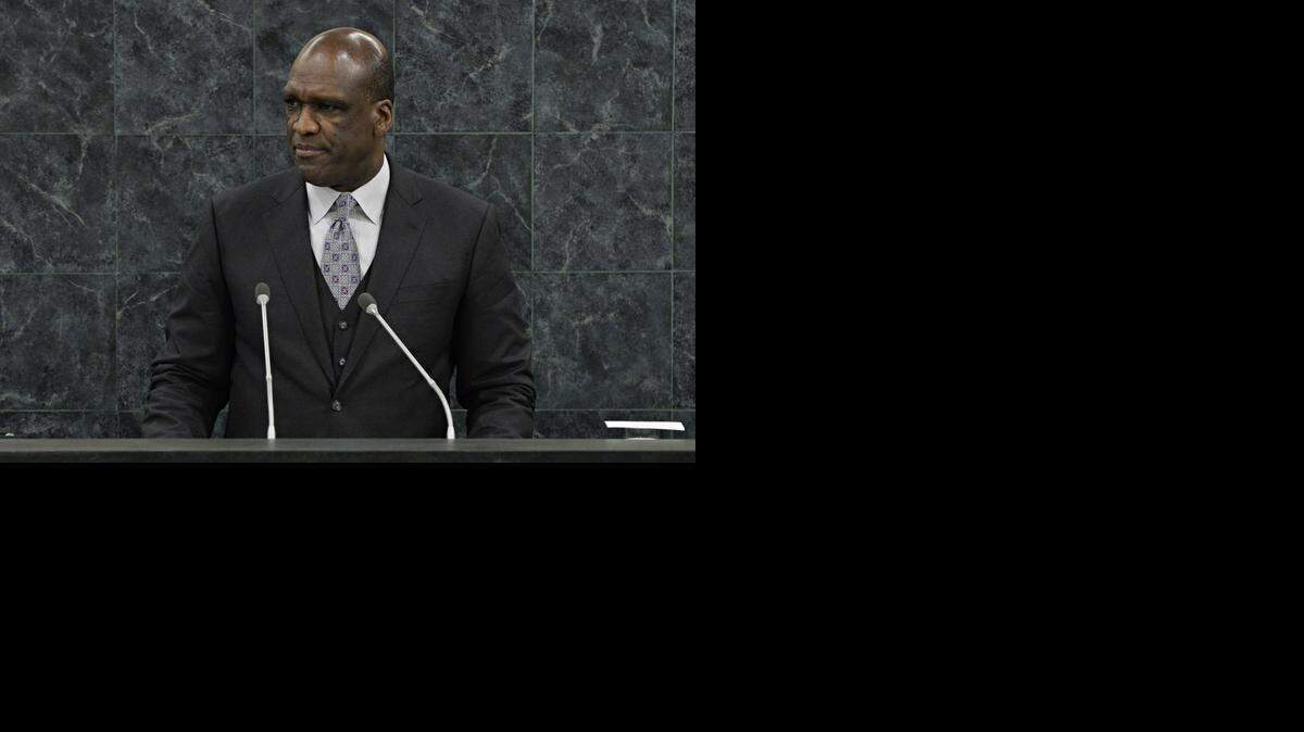 
President of the 68th Session of the United Nations General Assembly John Ashe, from Antigua and Barbuda, speaks during the 68th United Nations General Assembly on Tuesday Sept. 24, 2013. 
