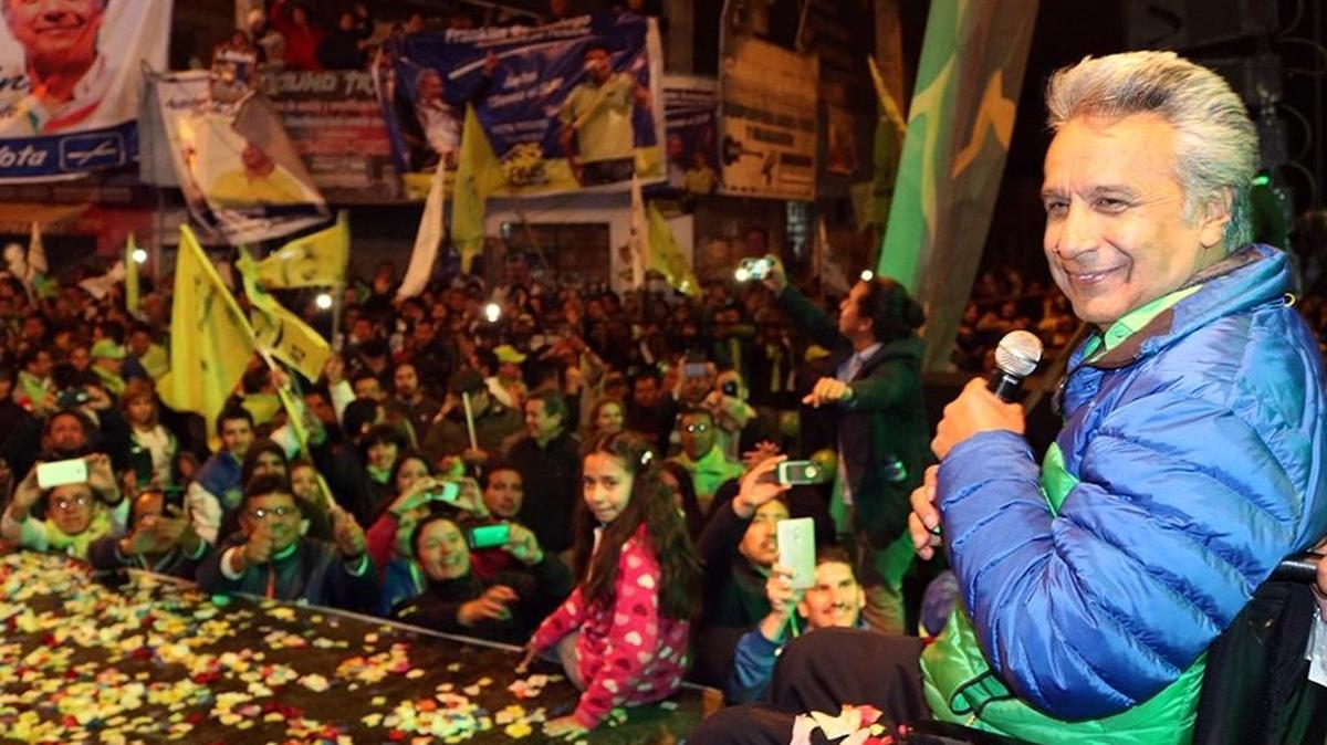 Ruling-party candidate Lenín Moreno holds a rally in Quito, Ecuador on Wednesday. He’s the front-runner in Sunday’s presidential race, but it’s unclear if he can clench it in the first round or will face an April 2 runoff.