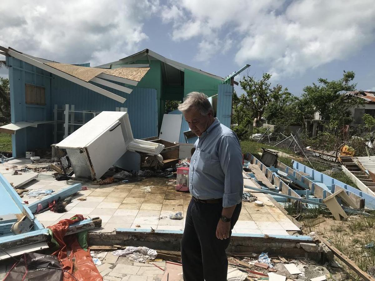 United Nations Secretary General António Guterres is stunned by the devastation surrounding him as he tours the island of Barbuda in the eastern Caribbean a month after it was decimated by Hurricane Irma’s Category 5 winds and rains.