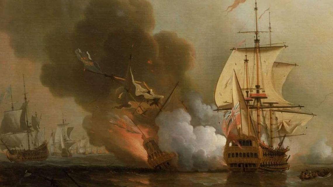 British painter Samuel Scott (1702-1772) depicted the moment that the Spanish galleon San José burst into flames and sank with its treasure off the coast of Colombia. The original hangs in the National Maritime Museum in Greenwich, England.