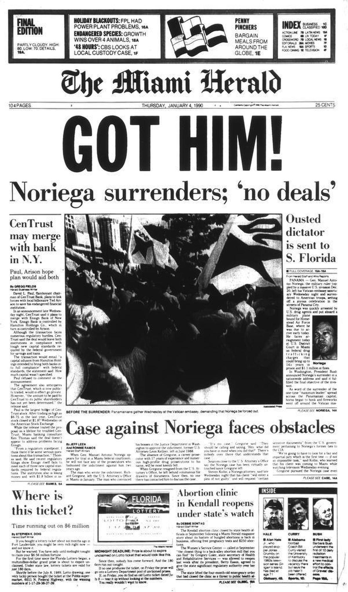 Miami Herald front page, January 4, 1990.