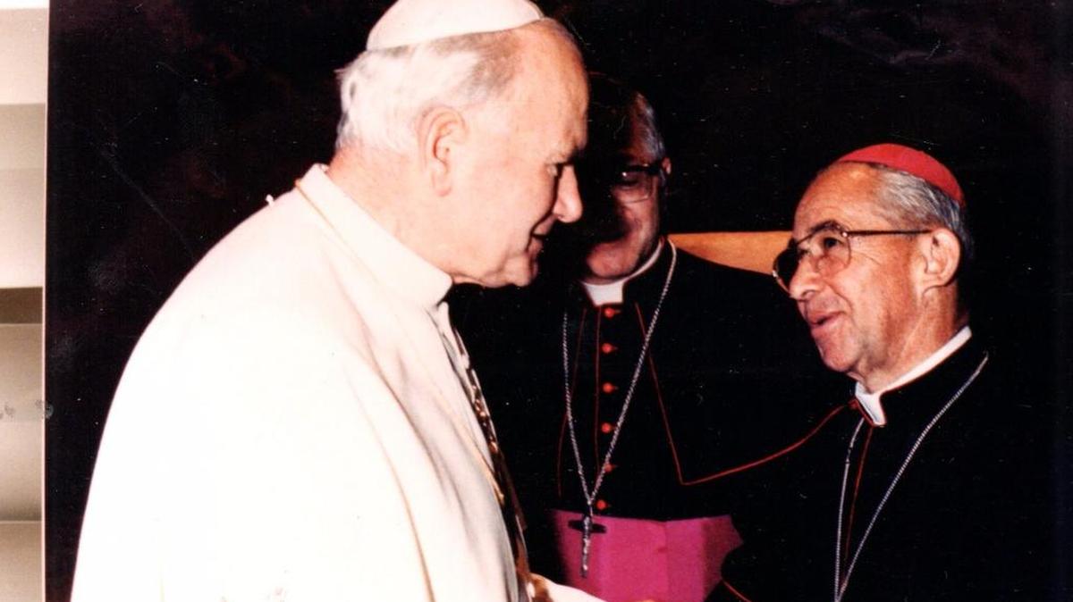 Monsignor Jesus Emilio Jaramillo, right, meets Pope John Paul II in this undated photograph. On Thursday, he will be beatified by Pope Francis during his trip to Colombia.
