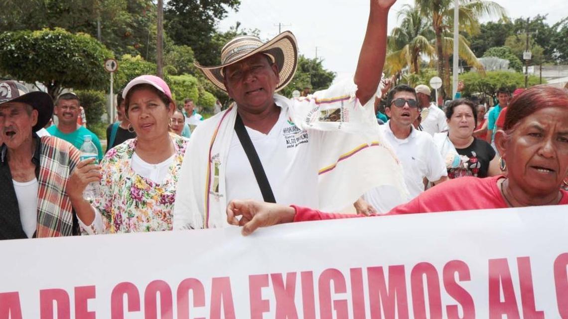 Coca farmers marched down the streets of San Jose del Guaviare on Tuesday Oct. 24 to protest forced eradication campaigns. They demanded more investment in their region, so that they can grow legal crops.