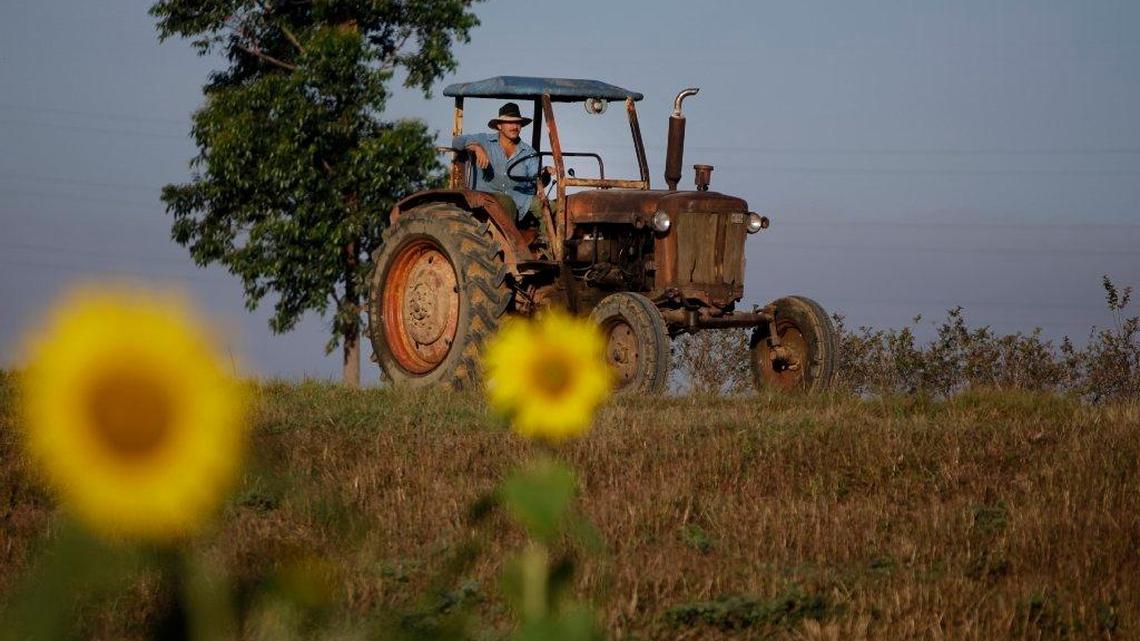 A farmer drives his tractor in Pinar del Rio, Cuba. Many Cuban tractors are aging, prompting a pair of former software engineers from the United States to seek Cuban approval to build a plant assembling as many as 1,000 small tractors a year.