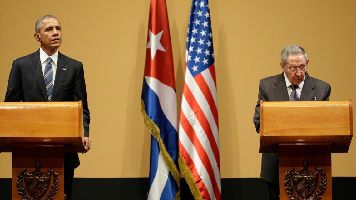 U.S. President Barack Obama, and Cuban leader Raúl Castro during a joint statement in Havana on Monday.