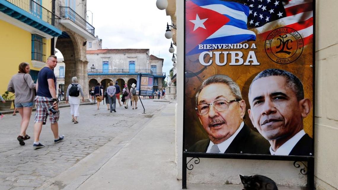 A poster heralding President Barack Obama’s visit to Cuba sits along a street in Old Havana.