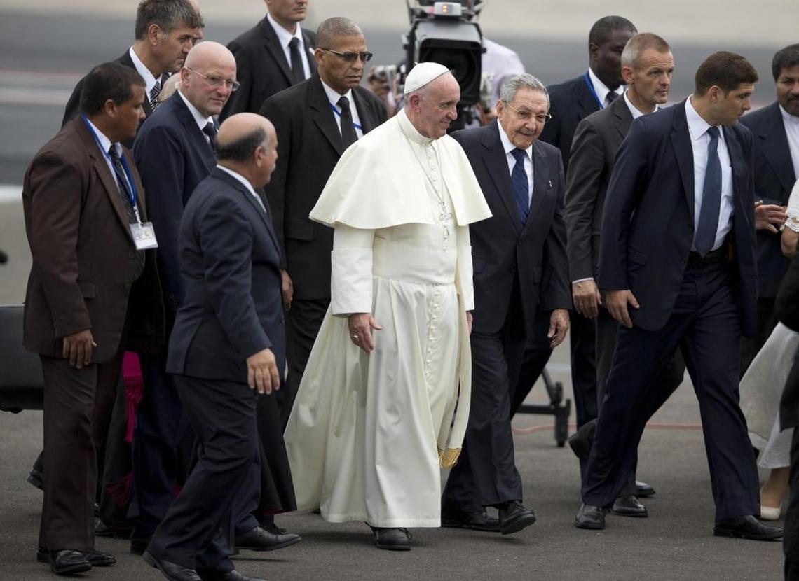 Pope Francis arrives at the Jose Marti International Airport as he is greeted by Cuban leader Raul Castro in Havana, Cuba on Saturday, September 19, 2015.