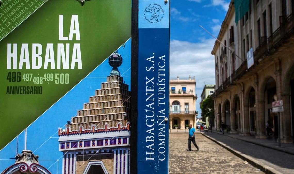 A poster for Habaguanex company, now controlled by the Cuban military, hangs in Old Havana. Habaguanex stores and hotels are among those listed on a U.S. State Department restricted list.