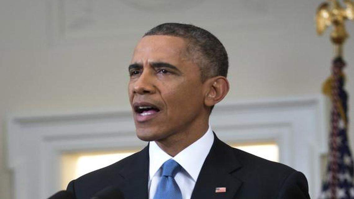 
U.S. President Barack Obama speaks to the nation about normalizing diplomatic relations the Cuba in the Cabinet Room of the White House on December 17, 2014 in Washington, DC. Obama announced plans to restore diplomatic relations with Cuba, over 50 years after they were severed in January 1961. In a prisoner exchange, U.S. contractor Alan Gross was freed after being held in Cuba since 2009 and sent to Cuba three Cuban spies who had imprisoned in the U.S. since 2001. 
