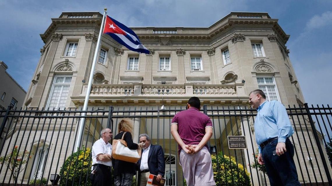 The Cuban flag flies in front of the embassy in Washington, which reopened in 2015 after a 54-year break in diplomatic relations.