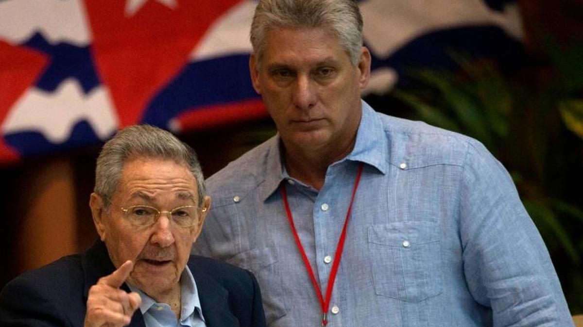 Cuba's President Raúl Castro, left, gestures as he stand with First Vice President Miguel Díaz-Canel during the 7th Cuban Communist Party Congress in Havana on April 16, 2016. Díaz-Canel is expected to succeed Castro as president.