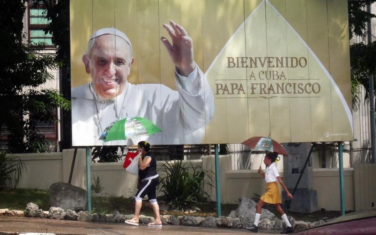 Signs can be seen in many areas around Havana, Cuba on Friday, Sept. 18, 2015, welcoming Pope Francis, who will be arriving on the island on Saturday.